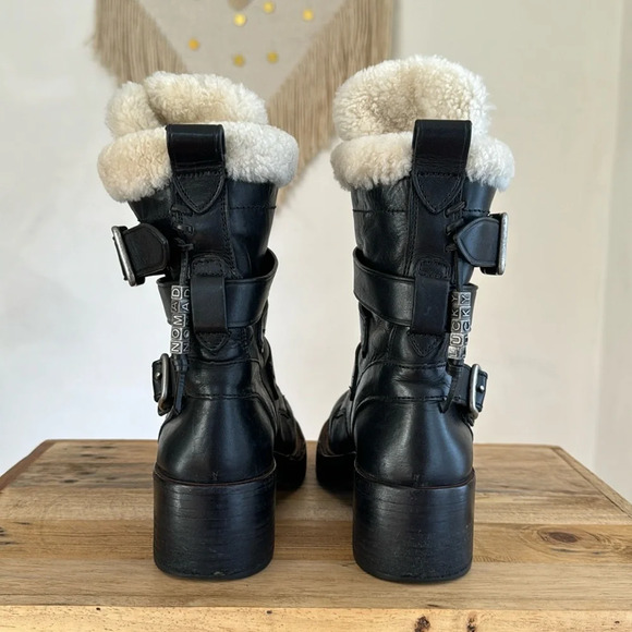 Coach Black Leather White Shearling Silver Hardware Zip Moto Biker Boot Size 7 - Picture 11 of 17